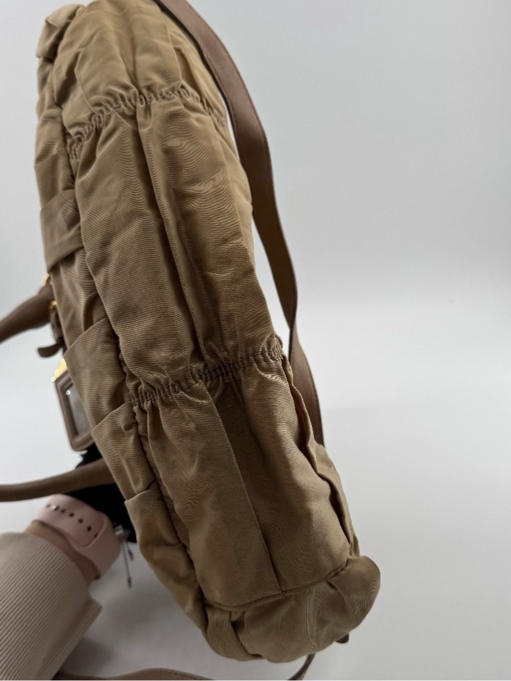 ✨ AUTHENTIC ✨Prada Vintage Tessuto Gaufre Ruched Nylon Satchel Handbag-Tan/Beige - Picture 6 of 13